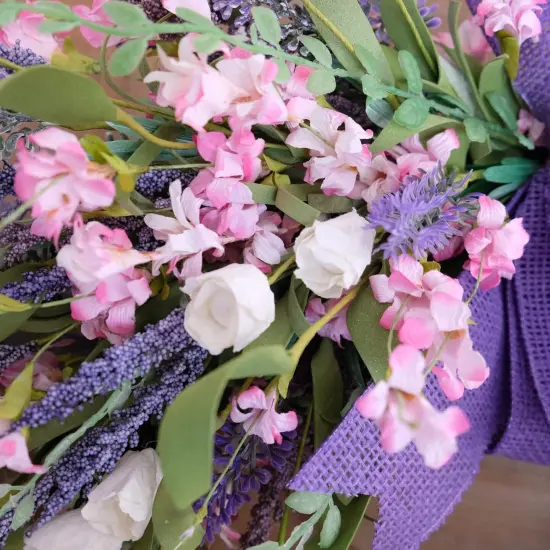 18 Inch Summer Forsythia & Lavender Wildflower Wreath for Front Door &ndash; Rustic Farmhouse Artificial Flower Wreath with Burlap Bow for Indoor and Outdoor Home Decor {5}