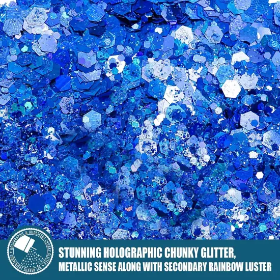Holographic Chunky Glitter, 5.64oz/160g Craft Glitter Powder Mixed Chunky Flakes, Iridescent Nail Sequins for Nail Art, Hair, Epoxy Resin, Tumblers, Slime, Painting, Festival Decor (Galaxy Blue) {2}