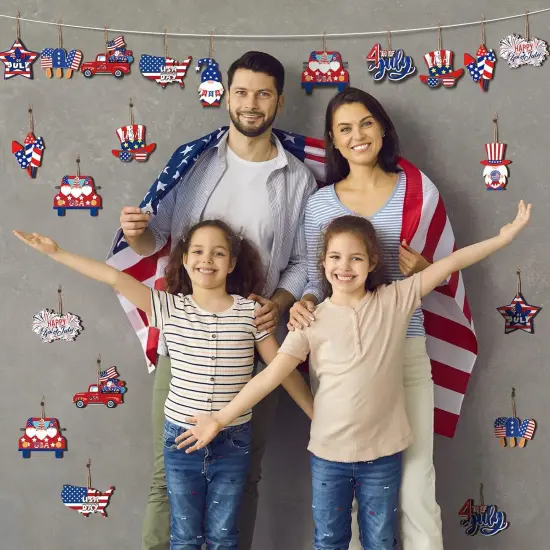 4th of July Ornaments for Tree Independence Day Wooden Gnome Hanging Decor Red White Blue Wooden Decor Memorial Day Leprechaun Cutouts Pendant for Summer Party Home Supplies {4}