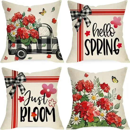 Just Bloom Geranium Daisy Flower Floral Cushion Case Decor, Buffalo Plaid Check Truck Farmhouse Home Decoration for Sofa Couch {1}