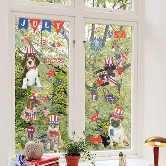 Patriotic PVC Dogs Window Clings, 9 Sheets Reusable 4th of July Decorations for Indoor Use, Wall Decor, Party Supplies {3}