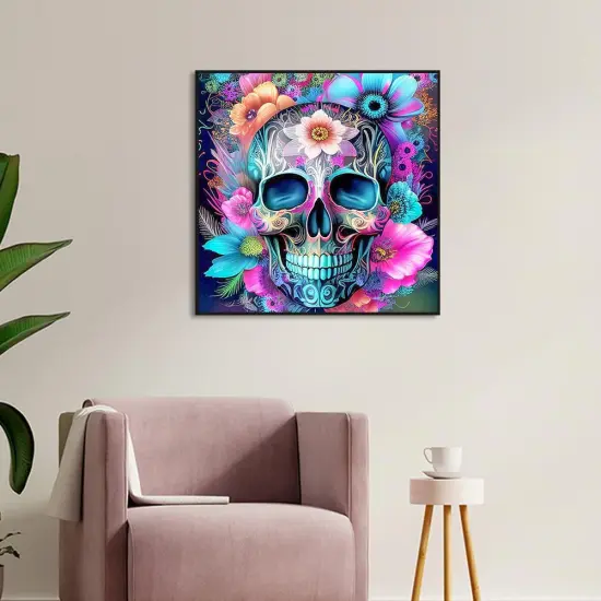 Skull Flower Diamond Painting Kits for Adults, Sugar Skull Diamond Art Kit Beginners DIY 5D Full Drill Round Skeleton Diamond Painting Gem Art for Home Wall Decor Gift 13.78 X 13.78 Inch {4}
