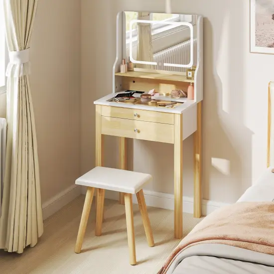 White Small Dressing Table Set with Adjustable LED Lighted Mirror and Power Outlets {3}