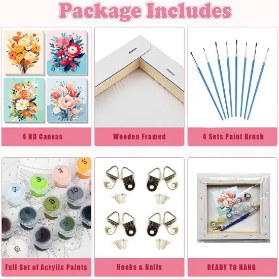 4 Pack Flower Paint by Number for Kids with Wooden Frame-Paint by Numbers for Kids Flowers Ages 4-8-12,Easy Paint with Numbers DIY Acrylic Oil Painting Kits for Home Wall Decor(8X8inch) {3}