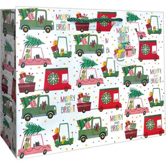 Pack/6: Christmas Cats in Cars Gift Bag - 12-1/2 x 5 x 10" {1}
