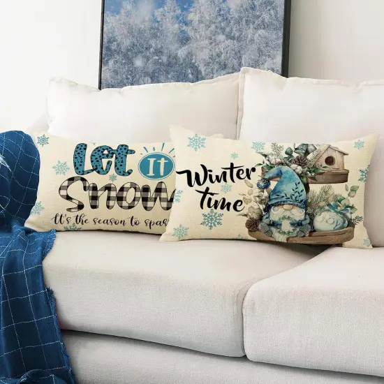 Hello Winter Blue Gnome Lumbar Decorative Rectangle Pillow Cover 12x20 Set of 4, It's Cold Outside Snowflakes Coffee Let It Snow Farmhouse Pillowcases, Christmas Buffalo Plaid Check Decors {4}