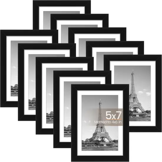 5x7 Picture Frame Set of 10, Display Pictures 4x6 with Mat or 5x7 Without, Multi Photo Frames Collage for Wall or Tabletop Display, Black {1}