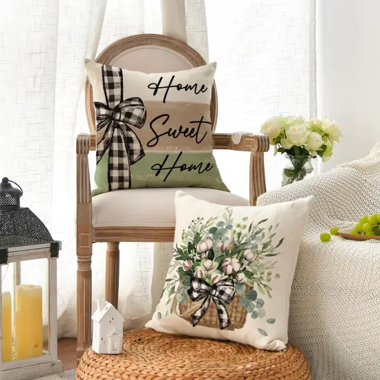 Home Sweet Home Farmhouse Eucalyptus Leaves Throw Pillow Covers, 18 x 18 Inch Truck Stripes Buffalo Plaid Cushion Case Decorations Set of 4 {1}