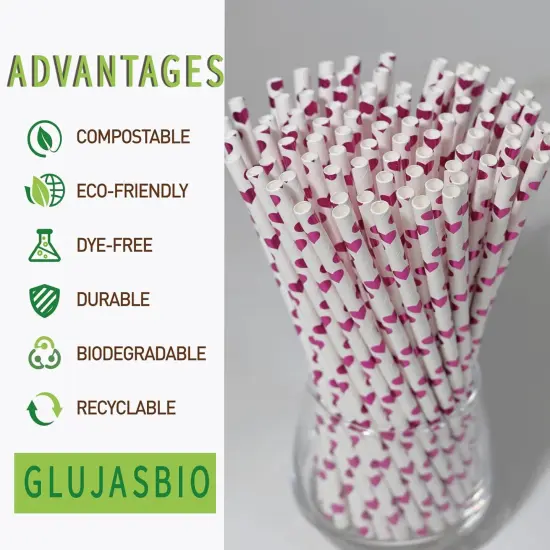 Paper Straws, Disposable Drinking Straws Biodegradable 7.75 inch,for Wedding Birthday Decorative Holiday Party Supplies - 100 Count, Foil Rose Pink Heart {2}