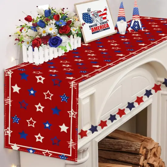 Star Stripe 4th of July Table Runner,Patriotic Memorial Day Kitchen Dining Table Decoration for Home Party Decor 13x72 Inch Red White and Blue {3}