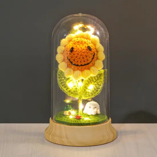 Sunflower Gifts for Women, with Led Glass Dome Smiley Crochet Artificial Sun Flower Desk Decorations, for Her Mom Mothers Day Birthday Christmas Valentine Gifts (W 4.3" X H 7.5") {2}