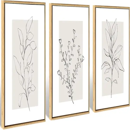 Summer Neutral Botanical Canvas Wall Decor, Minimalist Black Line Flower Poster Prints, Boho Beige Floral, Abstract Plant Leaf Aesthetic Picture for Bedroom and Living Room, Framed 12"x16" (Set of 3) {1}