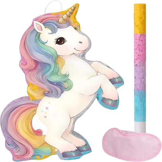 Magical Unicorn Pi&ntilde;ata - Small Unicorn Pi&ntilde;ata with Blindfold and Bat for Girls Kids Rainbow Unicorn Themed Birthday Party Games Decorations {1}