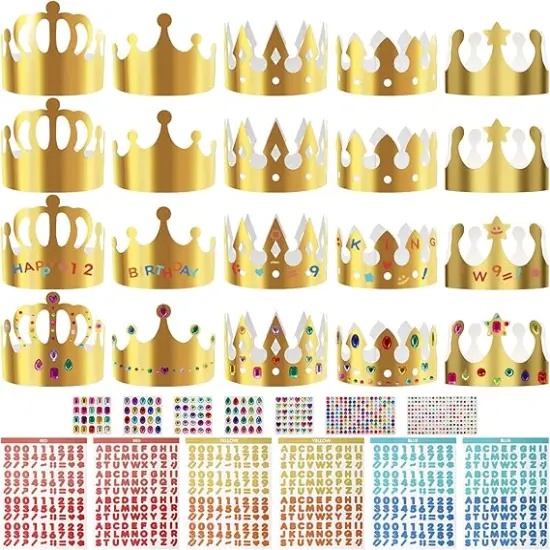 33 Pieces Paper Crowns Set Paper Prince Princess Crown Hats DIY Party Crowns Make Your Crowns With Gem Number Letter Stickers {1}