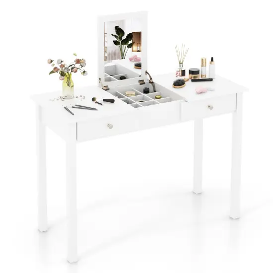 White Vanity Dressing Table with Flip Top Mirror and Storage Drawers 9 Hidden Storage Compartments {4}