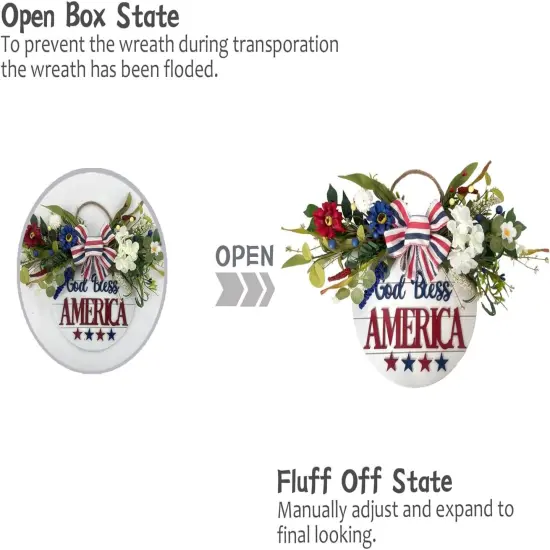 God Bless America Sign Wreath 4th of July Wreath Patriotic Wreath for Front Door, 16" Red White and Blue Flower Wooden Sign Wreath for Memorial Day Independence Day Decoration {3}