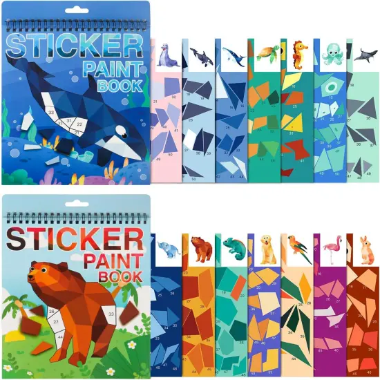 2PCS Crafts for Kids Ages 4-8, 8-10 Sticker Paint Number Books Animal and Ocean Stickers for Birthday Easter Party Favor Road Plane Car Travel Activity (Ocean+Animal) {1}
