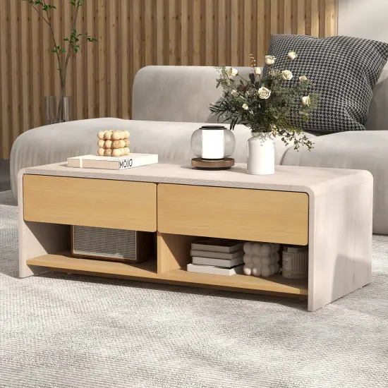 Modern White & Natural Coffee Table with Drawers and Open Storage {2}
