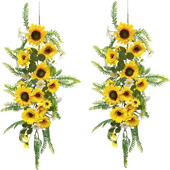 Summer 2PCS Artificial Sunflower Garland – Silk Sunflower Vine with Green Leaves and White Flowers for Home, Kitchen, Garden, and Wedding Arch Decor {1}