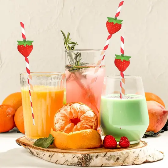 Strawberry Straws, 30 Pack Disposable Drinking Straws Cute Paper Straws with Stripes for Juice, Cocktail, Milkshake, Baby Shower Strawberry Birthday Decorations Strawberry Party Favors - 7.76 Inches {4}