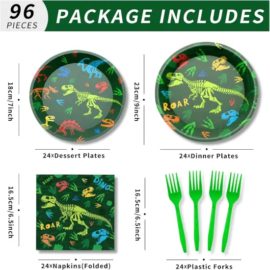 96 Pcs Dinosaur Birthday Party Decorations Dinosaur Plates and Napkins Disposable Dinnerware Tableware for Boys Kids Birthday Party Decorations Serve 24 {2}