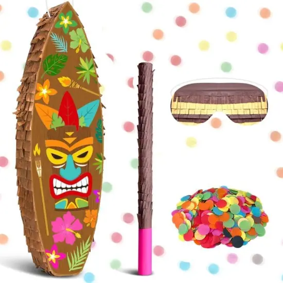 Tiki Pi&ntilde;ata Surfboard Pinata Tropical Pinatas Hawaiian Luau Pinatas with Stick Blindfold Confetti {1}