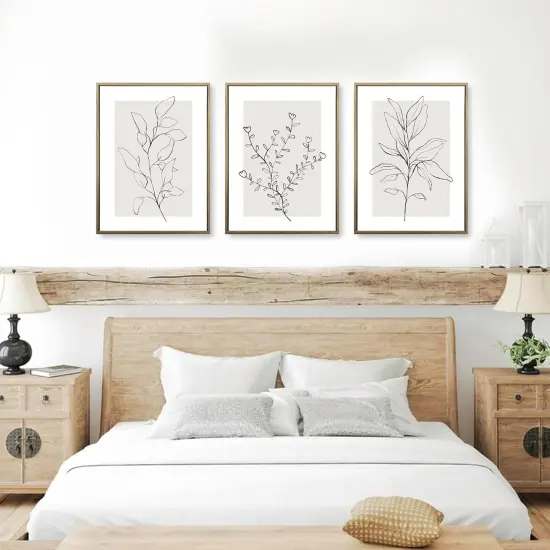 Summer Neutral Botanical Canvas Wall Decor, Minimalist Black Line Flower Poster Prints, Boho Beige Floral, Abstract Plant Leaf Aesthetic Picture for Bedroom and Living Room, Framed 12"x16" (Set of 3) {4}