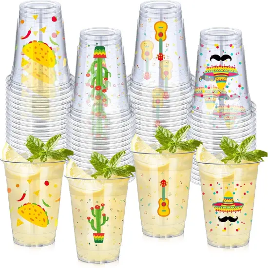 100 Pack 12 oz Fiesta Cups Plastic Mexican Cups Clear Disposable Mug Cinco De Mayo Party Decorations for Fiesta Taco Birthday Party Drinkware Supplies, 4 Styles {1}