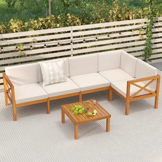 Off-White Cushioned Acacia Wood 6-Piece Patio Set, Modular Sectional with Coffee Table {2}