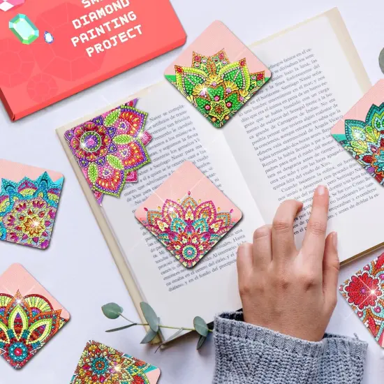 8 PCs Diamond Art Corner Bookmarks Leather Dimond Painting Book Mark Kit for Adults Paint by Dots Bookmarkers Craft DIY Gem Small Dotz Gifts for Women Mandala Flower Pink Lotus {3}