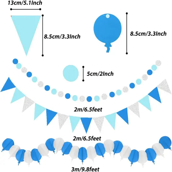 41 Pcs Blue Papar Fans Pompoms Garlands Decorations {2}