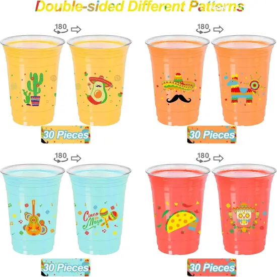 120 Pieces 16 oz Mexican Fiesta Plastic Cups Clear Disposable Cups with Double-sided Different Patterns Cinco De Mayo Drinkware Party Supplies Fiesta Taco Birthday Decorations, 4 Styles {3}