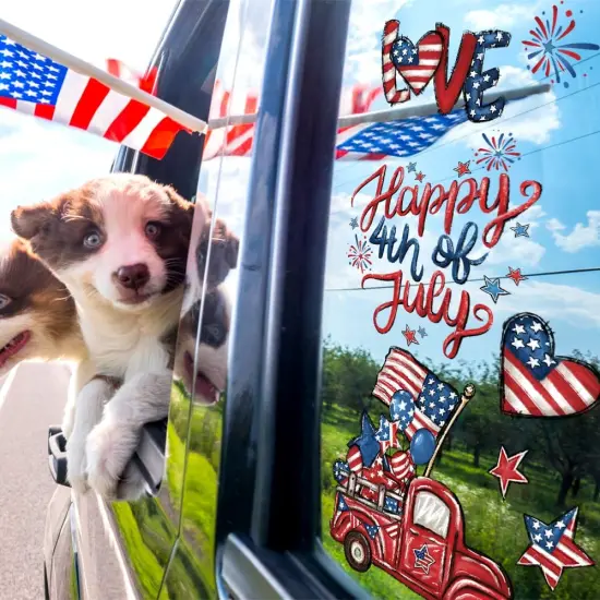 6 Sheets Patriotic Window Clings Happy 4th of July Window Stickers Gnome Truck Stars Firework USA Window Decals Independence Day Window Decor for Home School Office Party Glass Supplies {4}