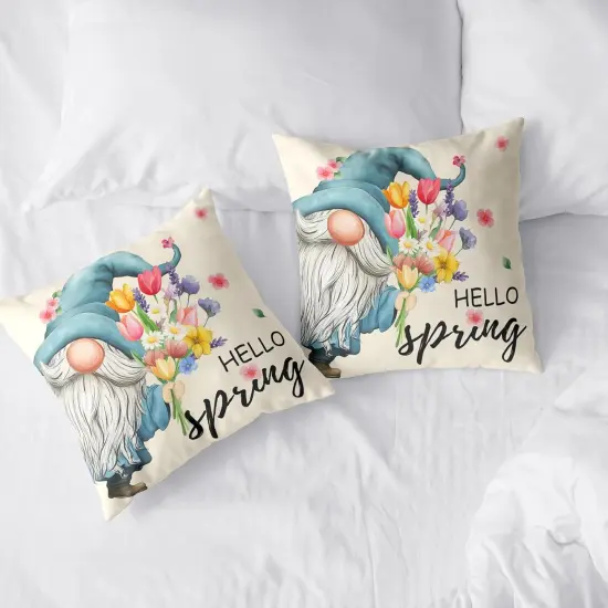 Hello Spring Pillow Covers 18x18 Set of 2 Gnome with Floral Throw Pillow Covers Colorful Flowers Decorative Pillow Case Cotton Blend Cushion Case for Living Room Couch Sofa {5}