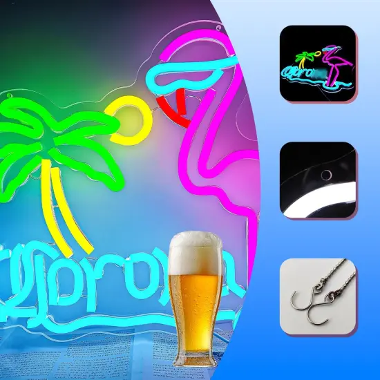 Summer Tropical Flamingo & Palm Tree Neon Light &ndash; Summer Wall Decor Beer Bar Sign for Home Bars, Man Caves, & Pool Parties &ndash; Dimmable LED Sun & Beer Neon Sign {4}