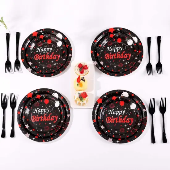 Red and Black Birthday Party Supplies, Happy Birthday Plates and Napkins Set With Birthday Tablecloth, Red and Black Birthday Decorations Serve 25 Guests {5}