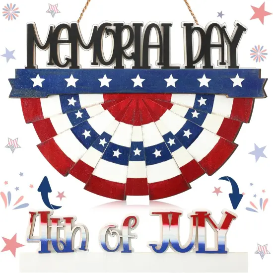 4th of July Decorations Patriotic Door Sign Wooden Memorial Day Wreath Red White Blue American Flag Door Hanger Independence Day Decor for Front Porch Wall Home Outdoor {1}