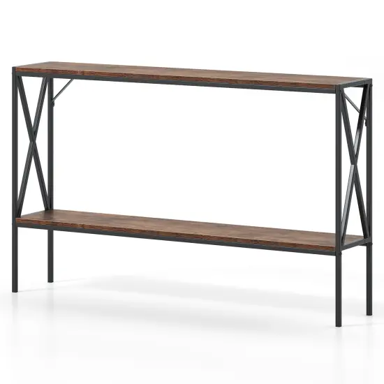 Compact Black & Rustic Brown Console Table - 2-Tier Design {1}