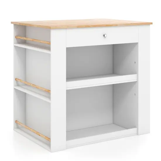 White Modern Kitchen Organizer with Rubber Wood Countertop and 2 Open Shelves {1}