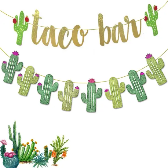 2 Set Fiesta Taco Bar Cactus Banner Garland, Gold Green Glittery Fiesta Banner for Mexican Fiesta Party Cinco De Mayo Decorations {1}