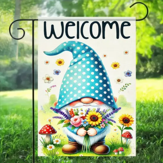 Welcome Spring Gnome Garden Flag 12x18 Inch Double Sided Floral Spring Summer Garden Flag Daisy Floral Flowers Butterfly Yard Outside Decorations Farmhouse Outdoor Small Home Decor {3}