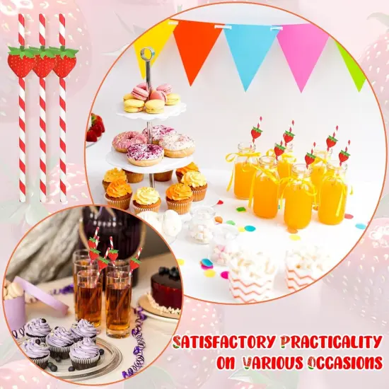 Strawberry Straws, 30 Pack Disposable Drinking Straws Cute Paper Straws with Stripes for Juice, Cocktail, Milkshake, Baby Shower Strawberry Birthday Decorations Strawberry Party Favors - 7.76 Inches {5}