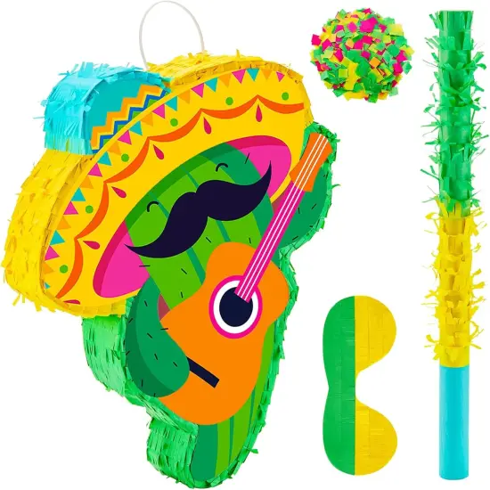 Cactus Pi&ntilde;ata Mini Sombrero Party Hats Mexican Fiesta Decorations with Pi&ntilde;ata Stick Blindfold Confetti Set, 16.1 x 13 x 3 Inch {1}