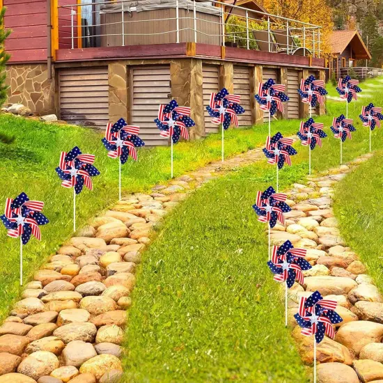 12 Pack 8 Inches American Flag Patriotic Pinwheels Windmill Wind Spinner {5}