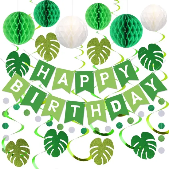 Green Birthday Party Decorations - Happy Banner with Honeycomb Balls {1}