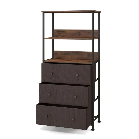 Rustic Brown Wood Metal Cabinet, 3 Fabric Drawers and Open Shelf Storage {1}