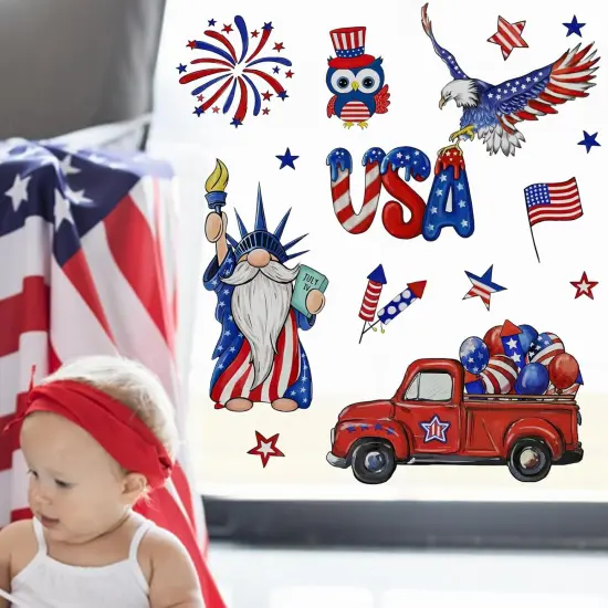 4th of July USA The Statue of Liberty Window Clings 4 Sheets, Patriotic America Red Truck Eagle Owl Stickers Decals Decor, American Fireworks Balloons Stars Stripes Home Kitchen Decorations {4}