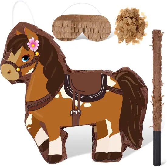 Horse Pi&ntilde;ata Cowgirl Pinatas Brown Horse Pi&ntilde;ata for Birthday Girl with Bat Stick Blindfold Mask for Horse Birthday Cowgirl Party Carnival Pi&ntilde;ata Game Decor Supplies, 15 x 13.4 x 3.2 Inch {1}