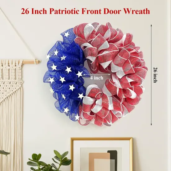 26 Inch Mesh Patriotic Front Door Wreath, 4th July Independence Day Wreath America Patriotic Flag Burlap Farmhouse Decor, Memorial Day Americana Summer Front Window Hanging Decor {2}
