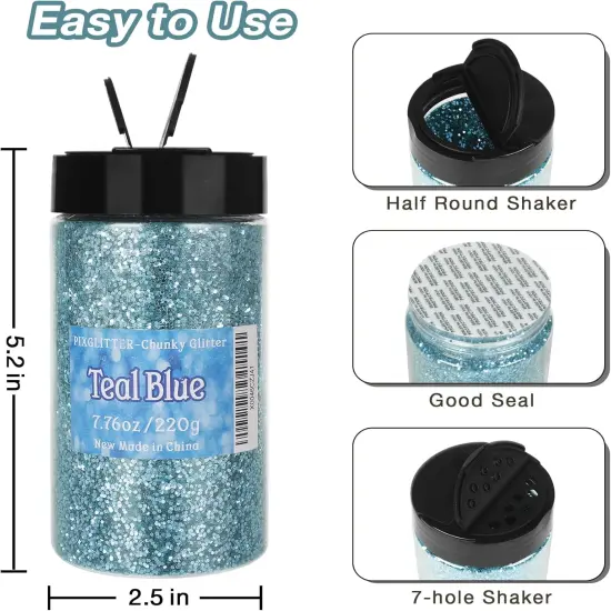 Chunky Glitter, 7.76oz/220g Teal Blue Craft Glitter Powder, 1/24" Metallic Flakes Chips for Epoxy Tumblers, Hair Face Body Eye Nail Art Festival, DIY Party Decorations {2}